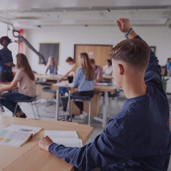 back of male student raising his hand in class